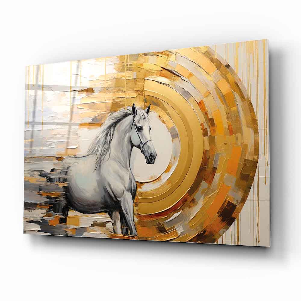 Gold Detaylı Beyaz At Cam Tablo