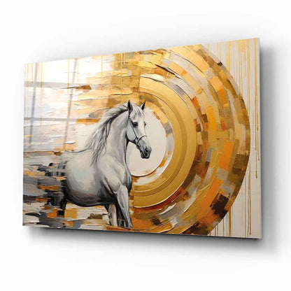 Gold Detaylı Beyaz At Cam Tablo