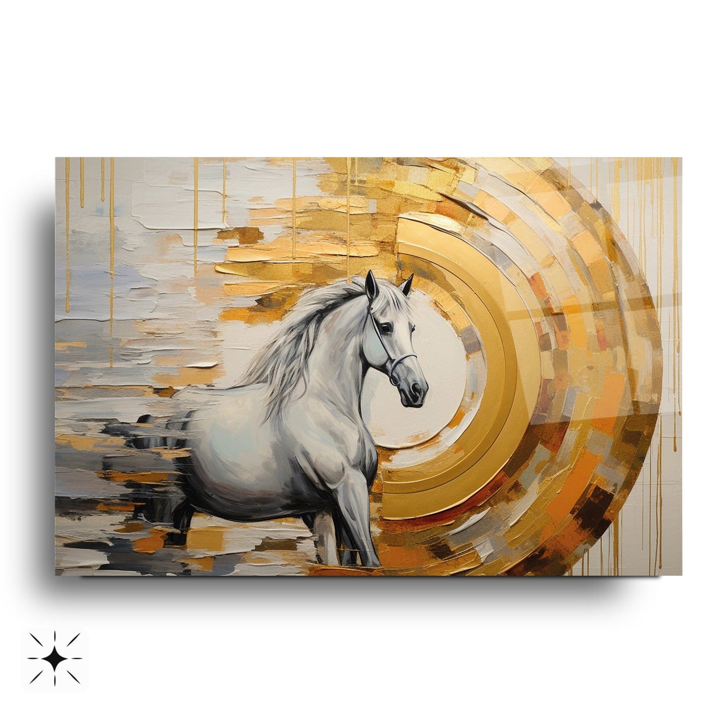 Gold Detaylı Beyaz At Cam Tablo