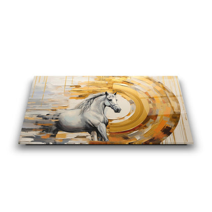 Gold Detaylı Beyaz At Cam Tablo