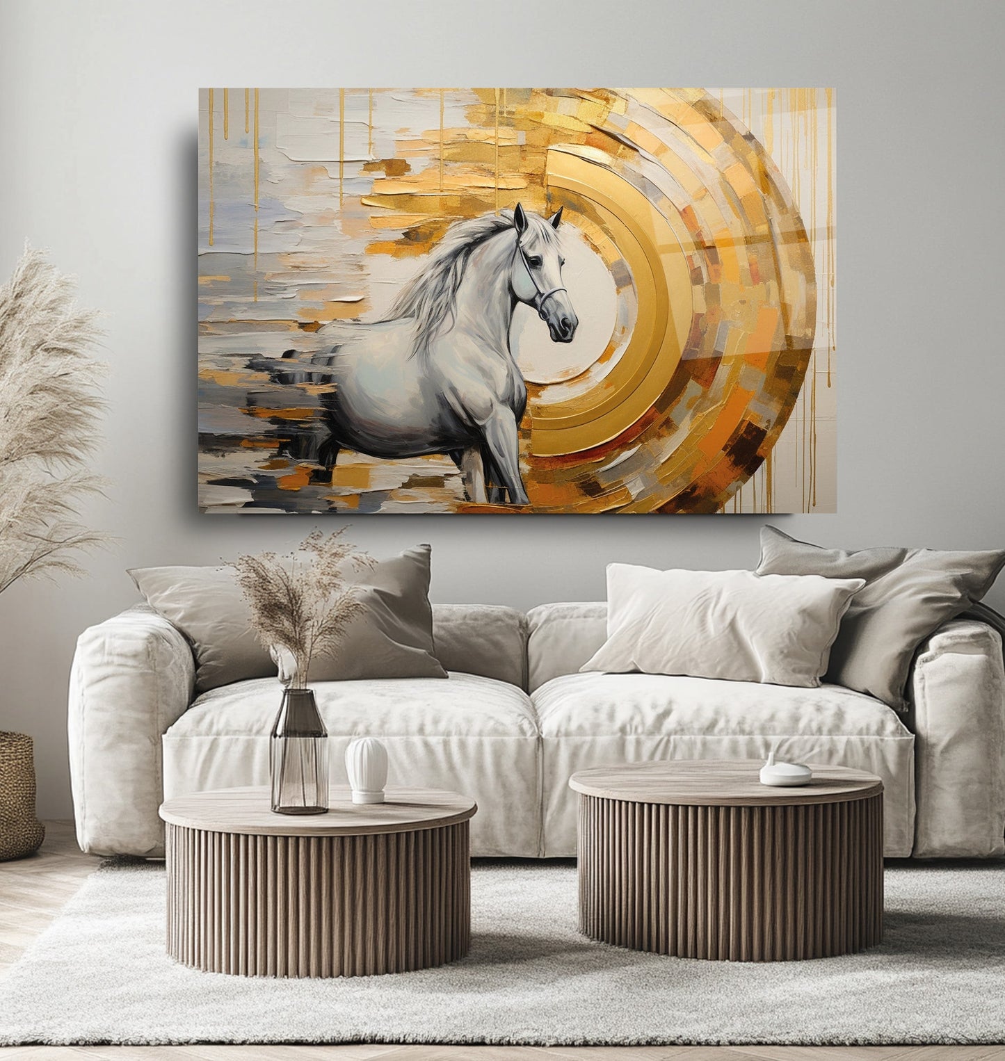 Gold Detaylı Beyaz At Cam Tablo