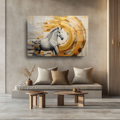 Gold Detaylı Beyaz At Cam Tablo
