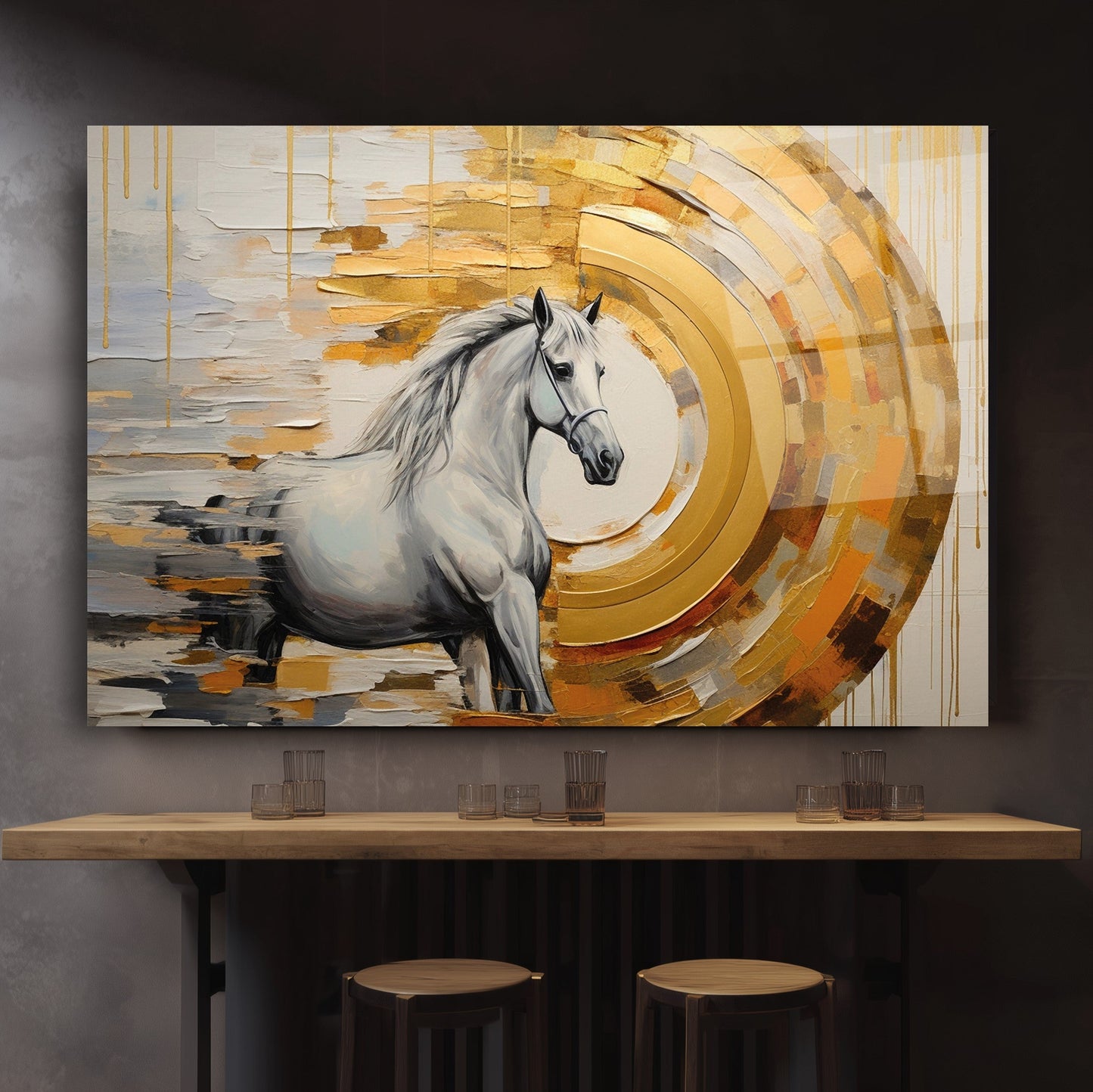 Gold Detaylı Beyaz At Cam Tablo