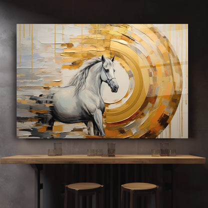 Gold Detaylı Beyaz At Cam Tablo