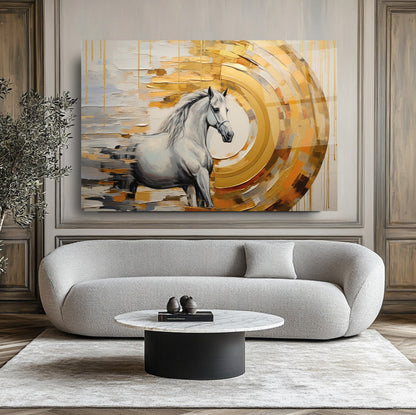 Gold Detaylı Beyaz At Cam Tablo