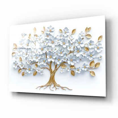 Beyaz Gold Hayat Ağacı Cam Tablo