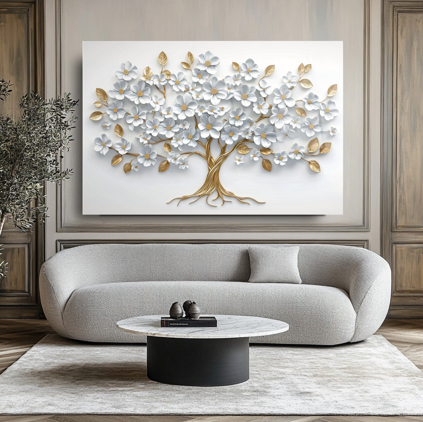 Beyaz Gold Hayat Ağacı Cam Tablo