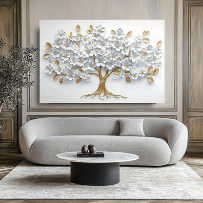 Beyaz Gold Hayat Ağacı Cam Tablo
