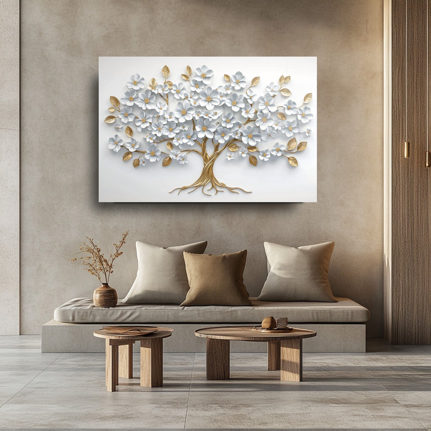 Beyaz Gold Hayat Ağacı Cam Tablo