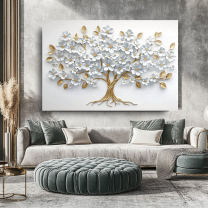 Beyaz Gold Hayat Ağacı Cam Tablo