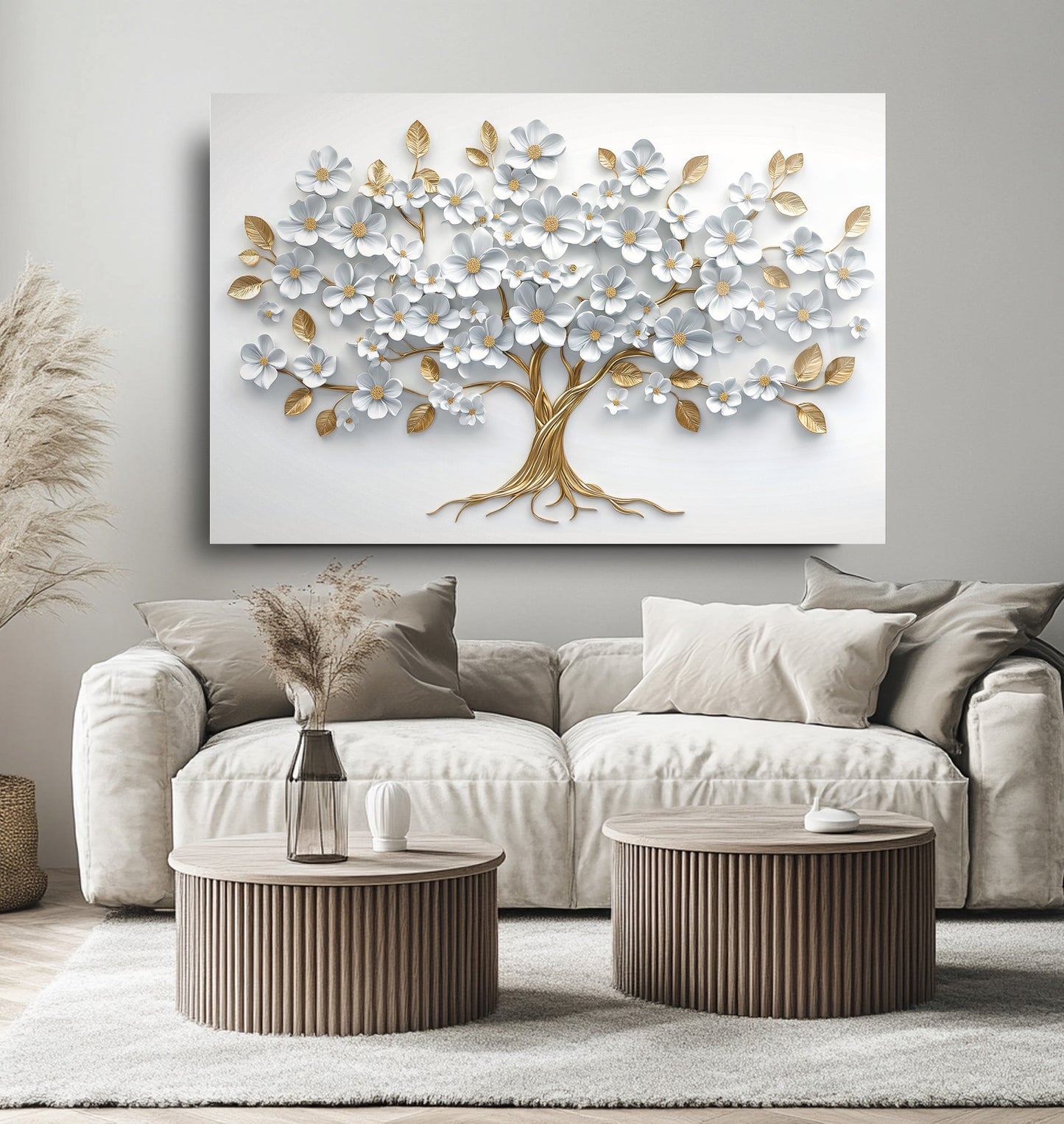Beyaz Gold Hayat Ağacı Cam Tablo