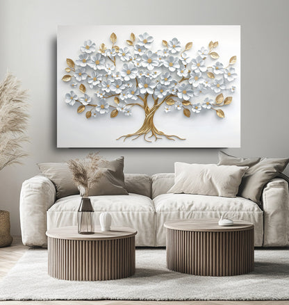 Beyaz Gold Hayat Ağacı Cam Tablo