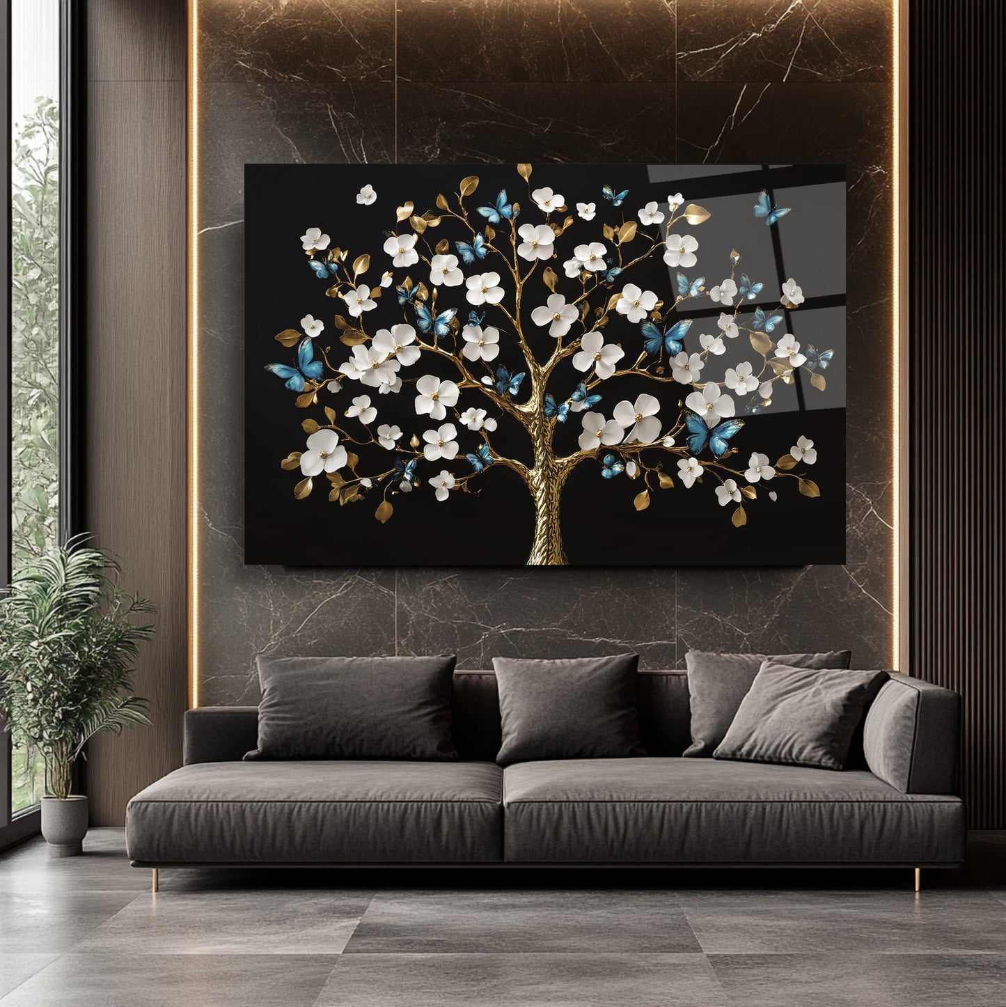 Beyaz Hayat Ağacı Cam Tablo