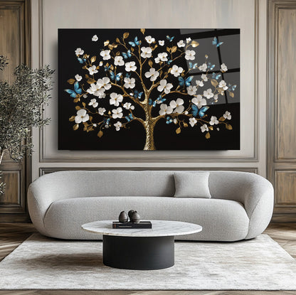 Beyaz Hayat Ağacı Cam Tablo