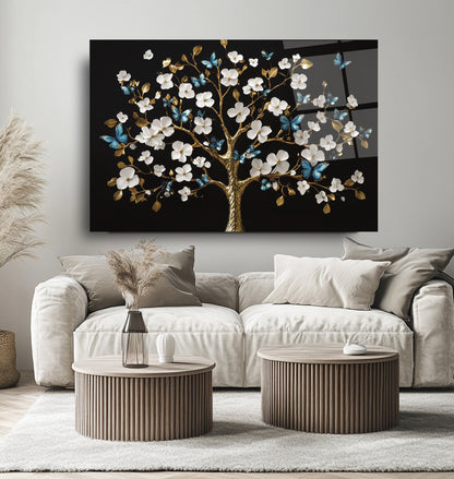 Beyaz Hayat Ağacı Cam Tablo