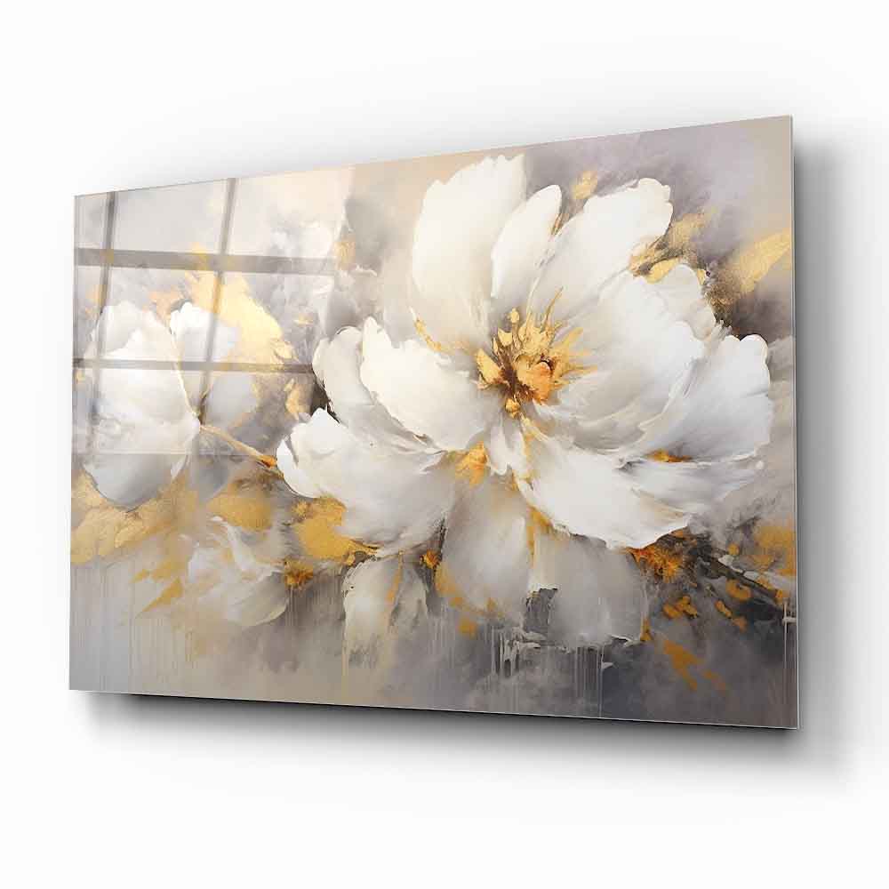 Gold Beyaz Çiçek Cam Tablo