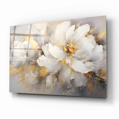 Gold Beyaz Çiçek Cam Tablo