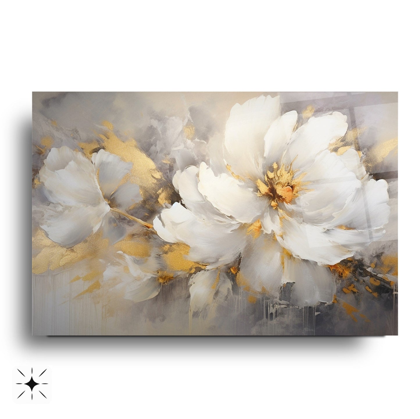 Gold Beyaz Çiçek Cam Tablo