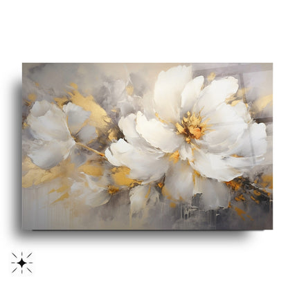 Gold Beyaz Çiçek Cam Tablo