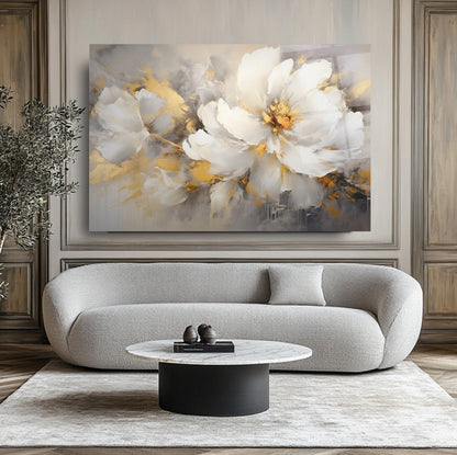 Gold Beyaz Çiçek Cam Tablo