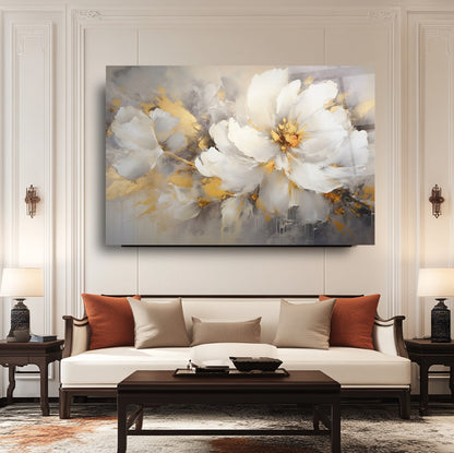 Gold Beyaz Çiçek Cam Tablo