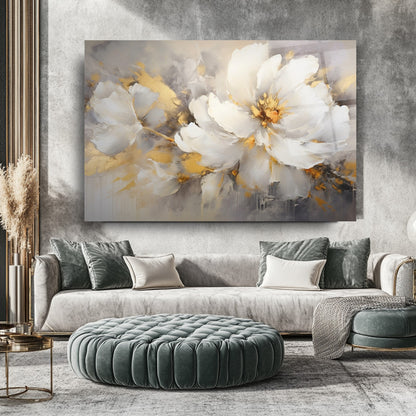 Gold Beyaz Çiçek Cam Tablo