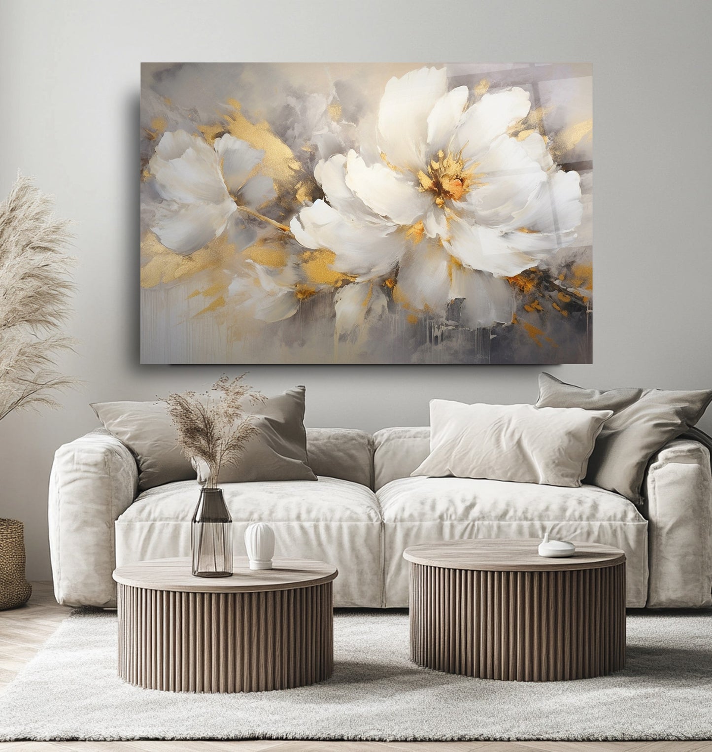 Gold Beyaz Çiçek Cam Tablo