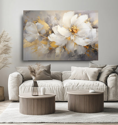 Gold Beyaz Çiçek Cam Tablo