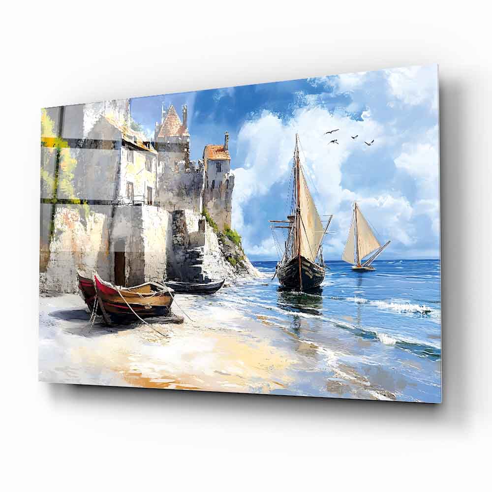 Deniz ve Sandal Manzarası Cam Tablo