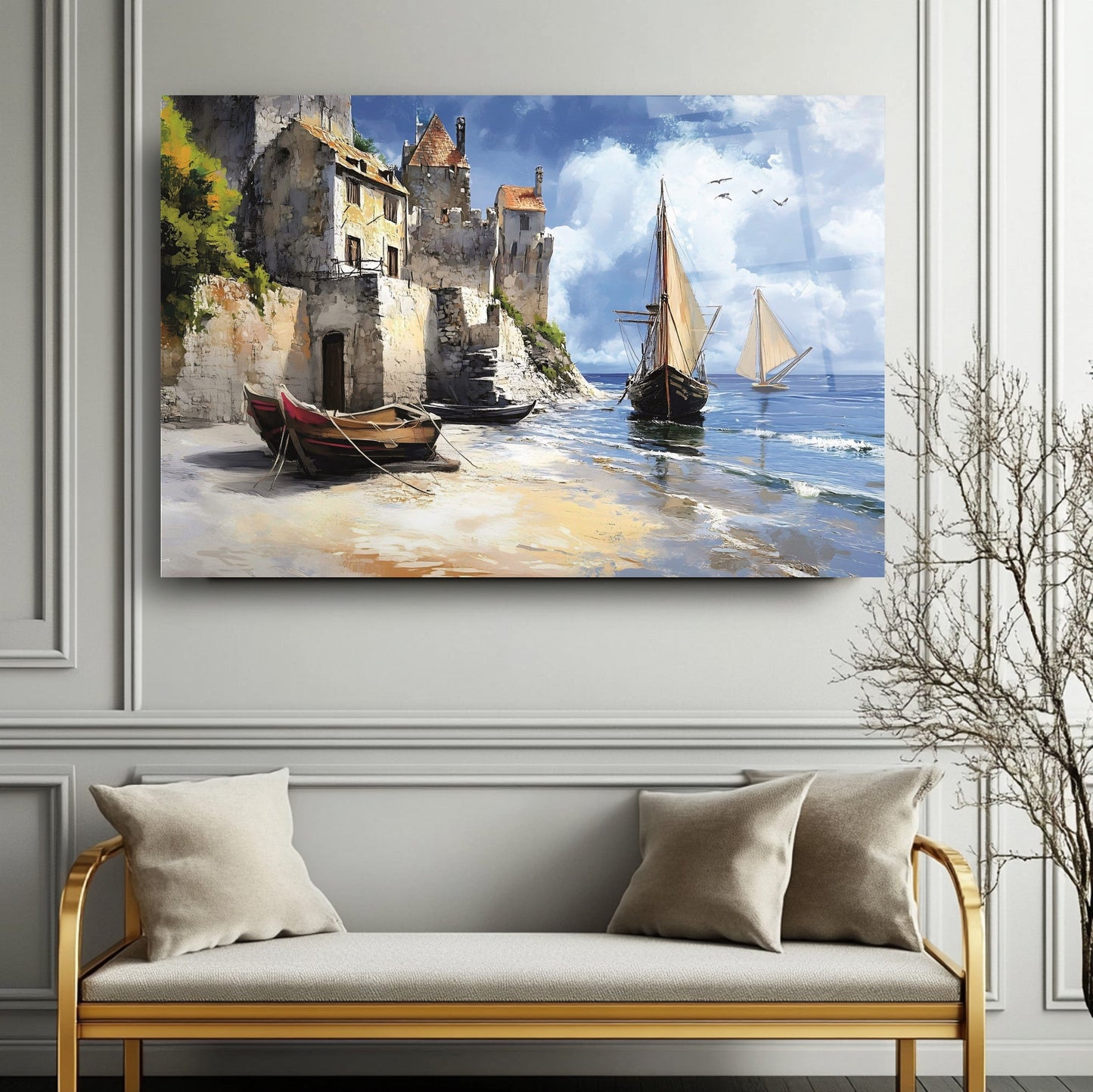 Deniz ve Sandal Manzarası Cam Tablo