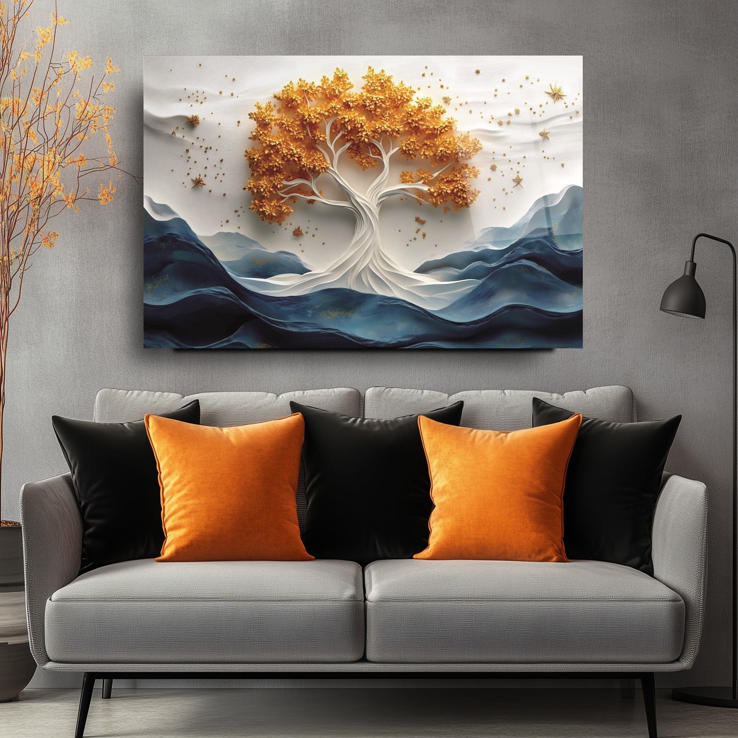 Turuncu Hayat Ağacı Cam Tablo