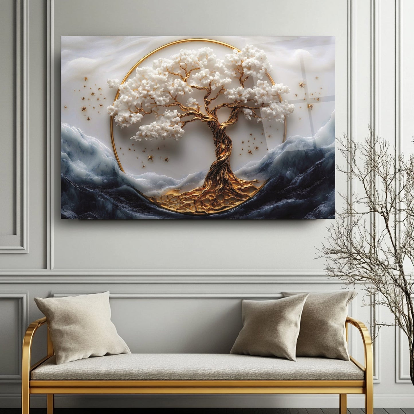 Gold Detay Hayat Ağacı Cam Tablo