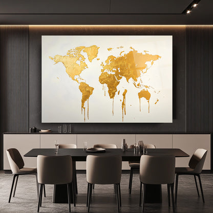 Gold Beyaz Dünysa Haritası Cam Tablo