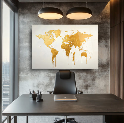 Gold Beyaz Dünysa Haritası Cam Tablo