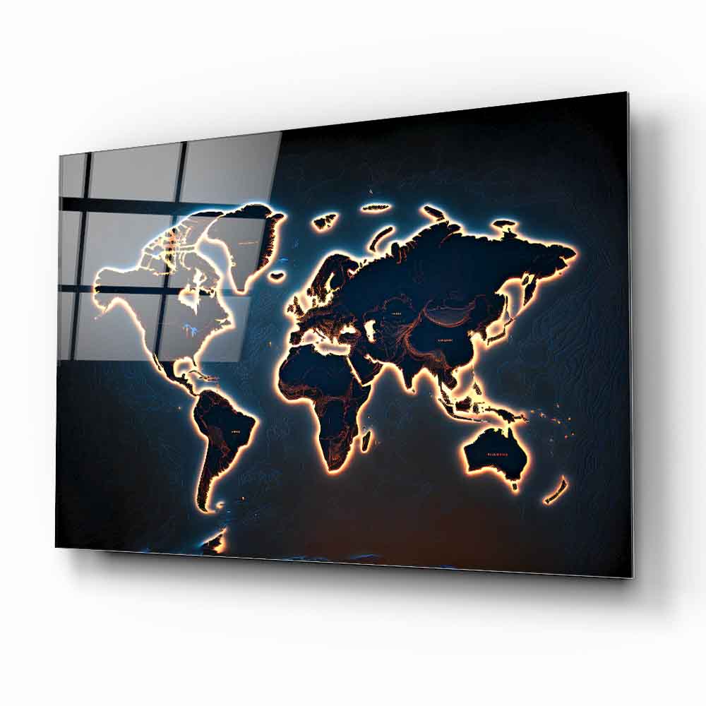 Işık Efektli Dünya Haritası Cam Tablo