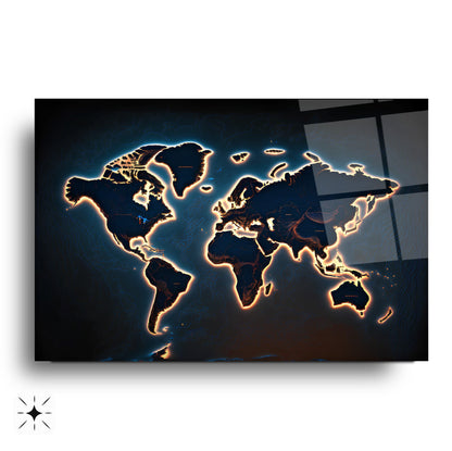 Işık Efektli Dünya Haritası Cam Tablo