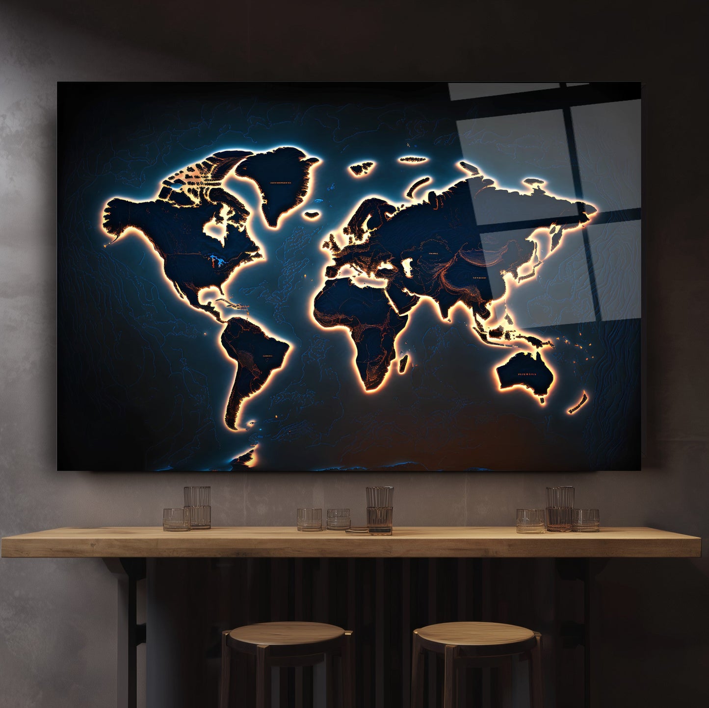 Işık Efektli Dünya Haritası Cam Tablo