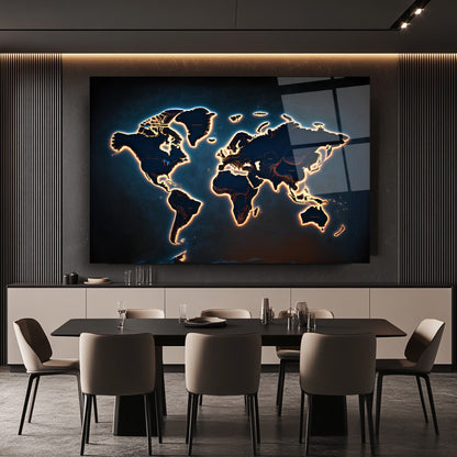 Işık Efektli Dünya Haritası Cam Tablo