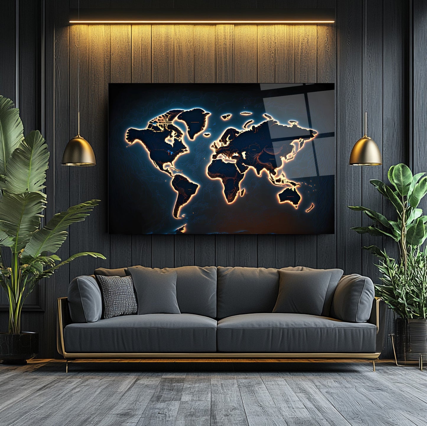Işık Efektli Dünya Haritası Cam Tablo