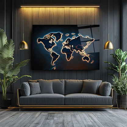Işık Efektli Dünya Haritası Cam Tablo