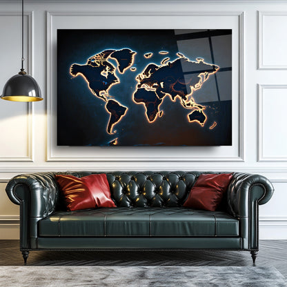 Işık Efektli Dünya Haritası Cam Tablo