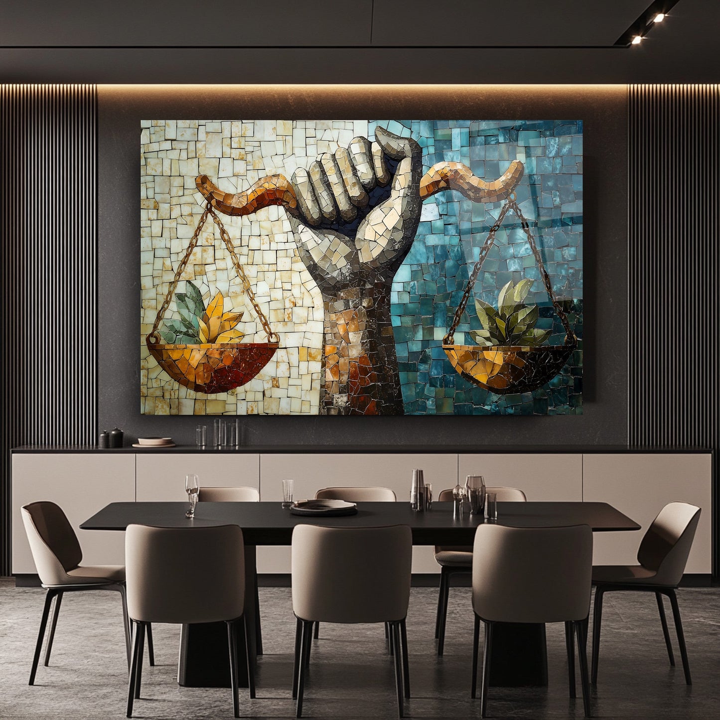 Mozaik Desen Adalet Terazisi Cam Tablo