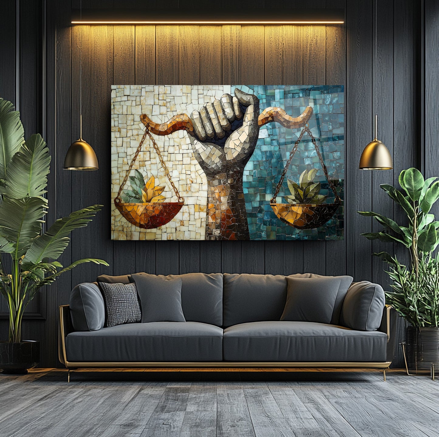 Mozaik Desen Adalet Terazisi Cam Tablo