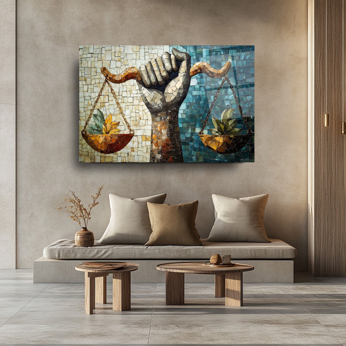 Mozaik Desen Adalet Terazisi Cam Tablo