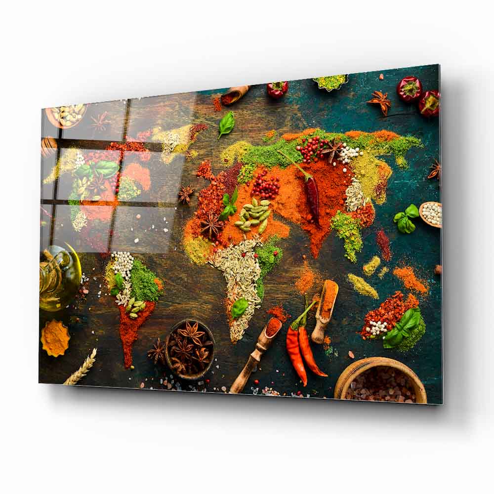 Baharatlarla Dünya Haritası Cam Tablo