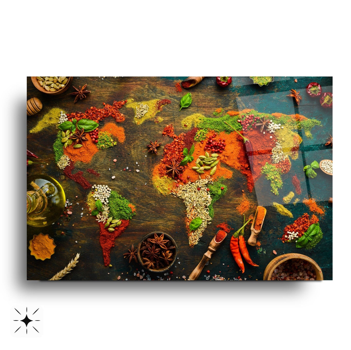 Baharatlarla Dünya Haritası Cam Tablo