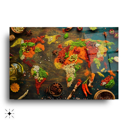 Baharatlarla Dünya Haritası Cam Tablo