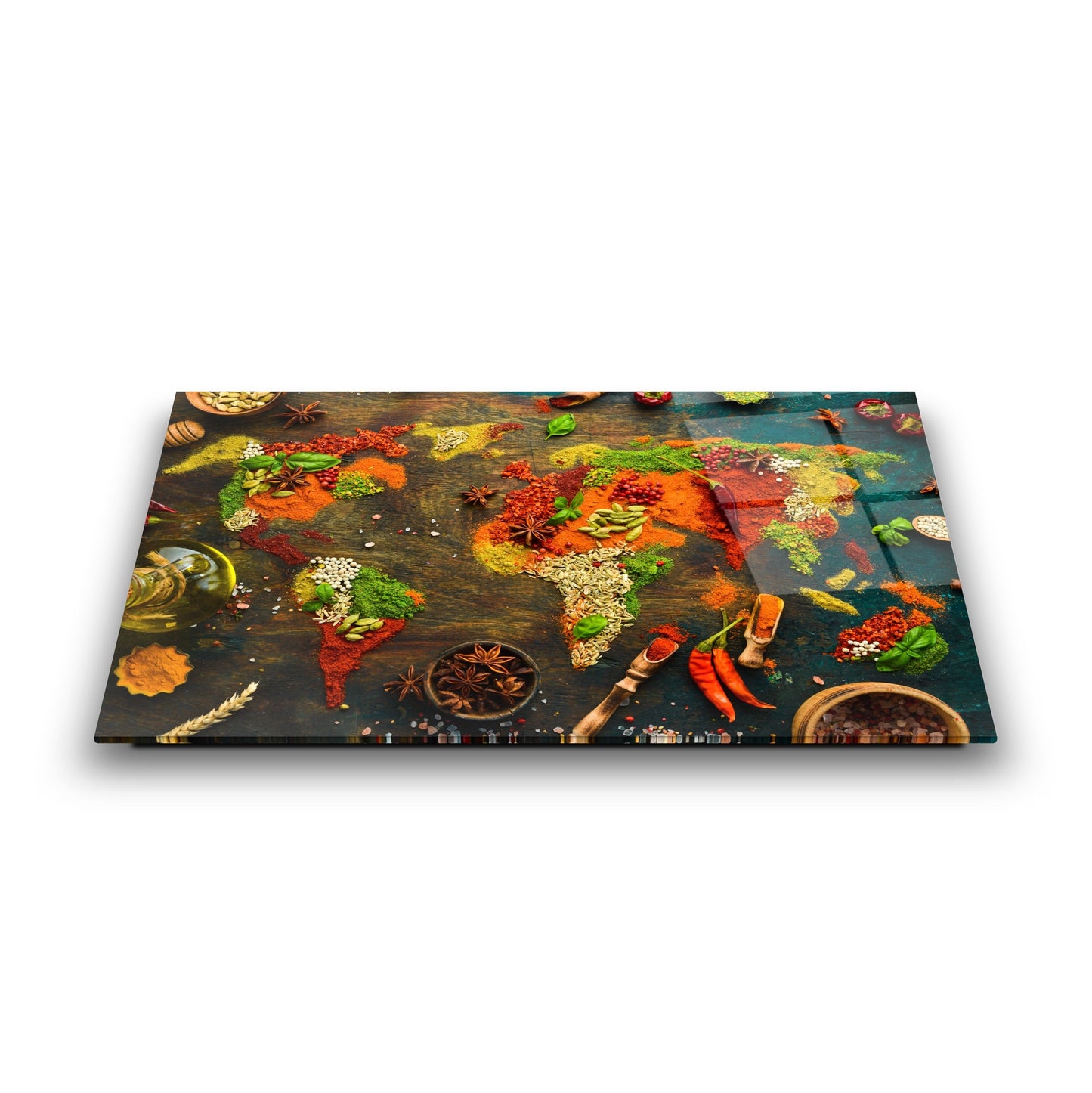 Baharatlarla Dünya Haritası Cam Tablo