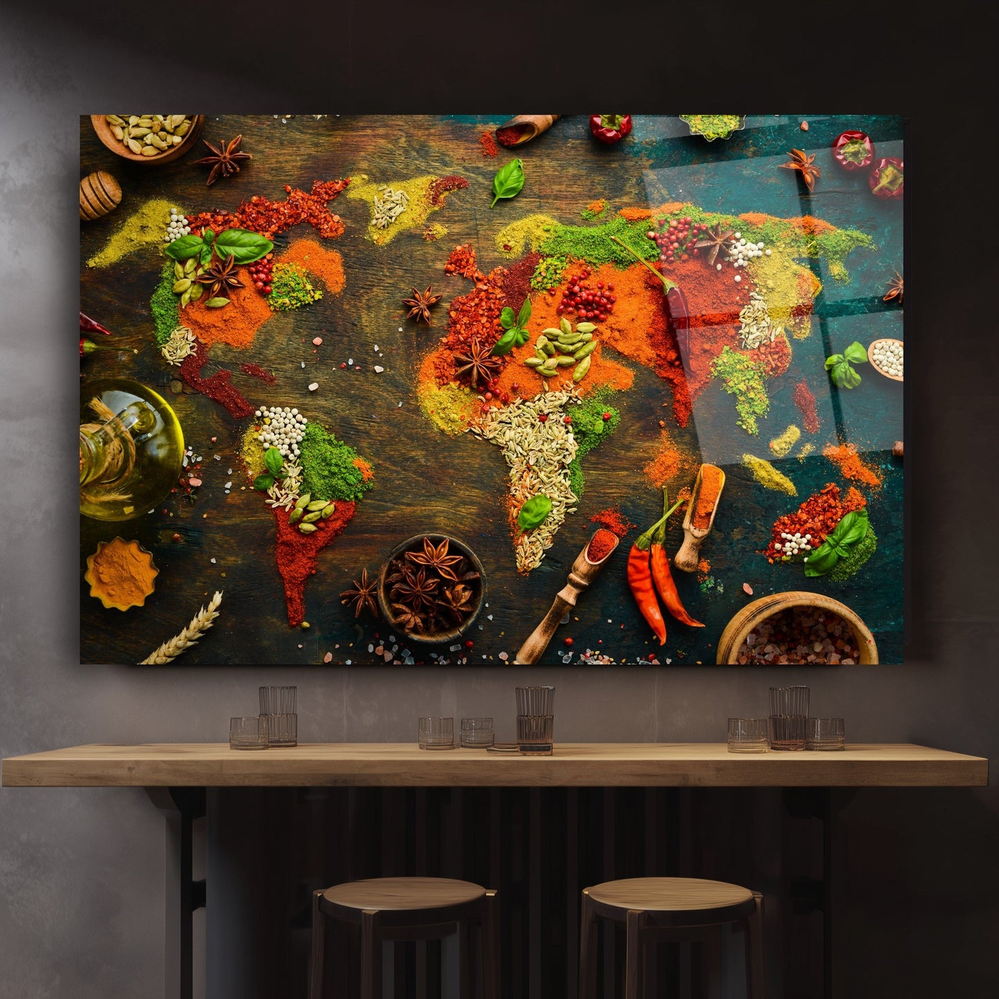 Baharatlarla Dünya Haritası Cam Tablo
