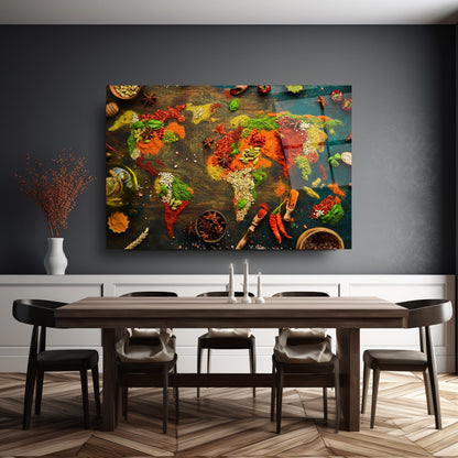 Baharatlarla Dünya Haritası Cam Tablo